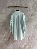 Women Blue and White Striped Cartoon Embroidery Casual Loose Cotton Shirt Top