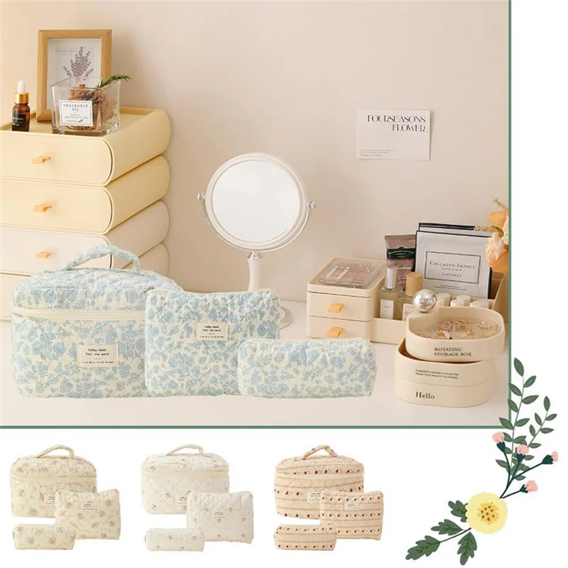 Makeup Cosmetic Bag Cosmetic Bag 3 Pcs Cotton Quilted Makeup Bag Aesthetic Floral Toiletry Bag For Women A