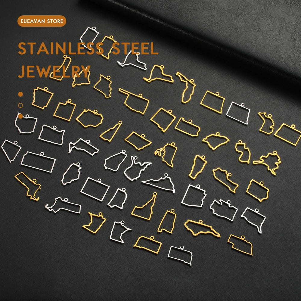 EUEAVAN 10pcs United States New York Washington State Map Pendant for Necklace Stainless Steel Charm DIY Jewelry Making Supplies
