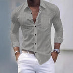 Men's Shirt - New Spring-Autumn Style Business Casual Solid Check Pockets Design Collar Buttoned Long-Sleeved Shirt