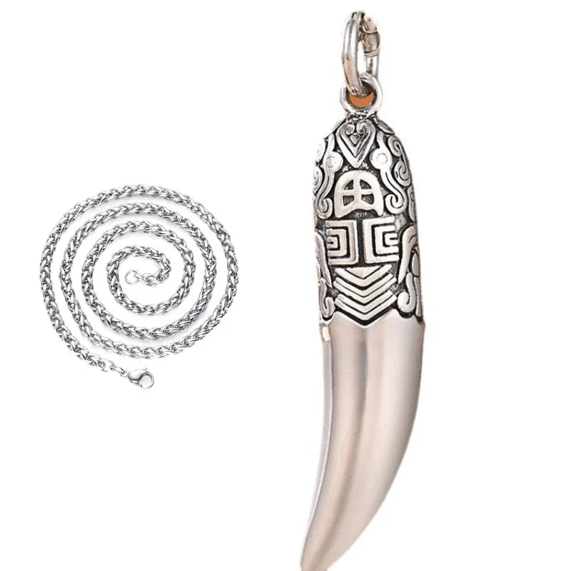 Creative 925 Silver Ethnic Style glossy Necklace Keel chains Banquet faceted wolf tooth Pendant for Men's Retro Jewelry
