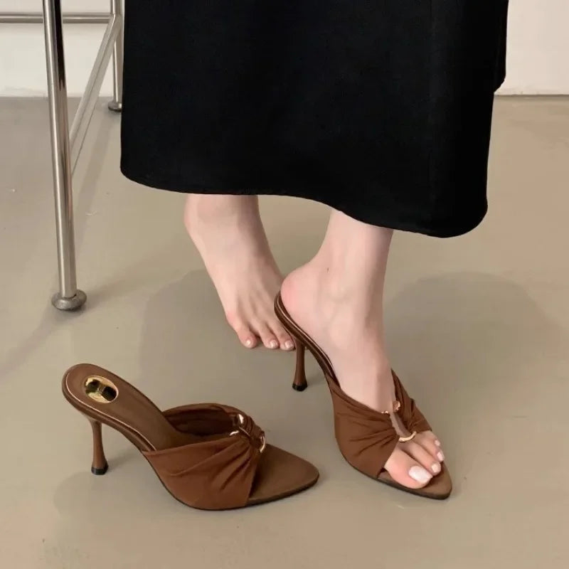 Women's High Heels Slippers Pointed Toe Metal Decoration Thin Heels Shoes Women Dress Fashion Korean Style Zapatillas De Mujer
