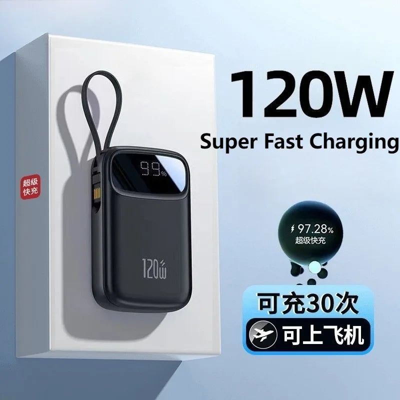 120W Power Bank Super Fast Charging 20000mAH Large Capacity 4 Cables Portable 22.5W Mobile Source Battery Mini