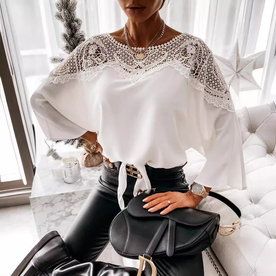Women's Blouses T-shirt Long Sleeve Lace Stitching White Office Loose Elegant Black Shirt for Women