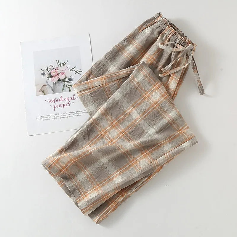 Pajama Pants Women Plaid Cotton Home Trousers Loose Breathable and Soft Straight Leg Trousers Fashionable Sleeping Pants