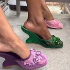 Woman Sandals 2025 Summer Fashion Sexy Hollow Out Strange Style Female Shoes Crystal Flower Decoration High Heel Ladies Slippers