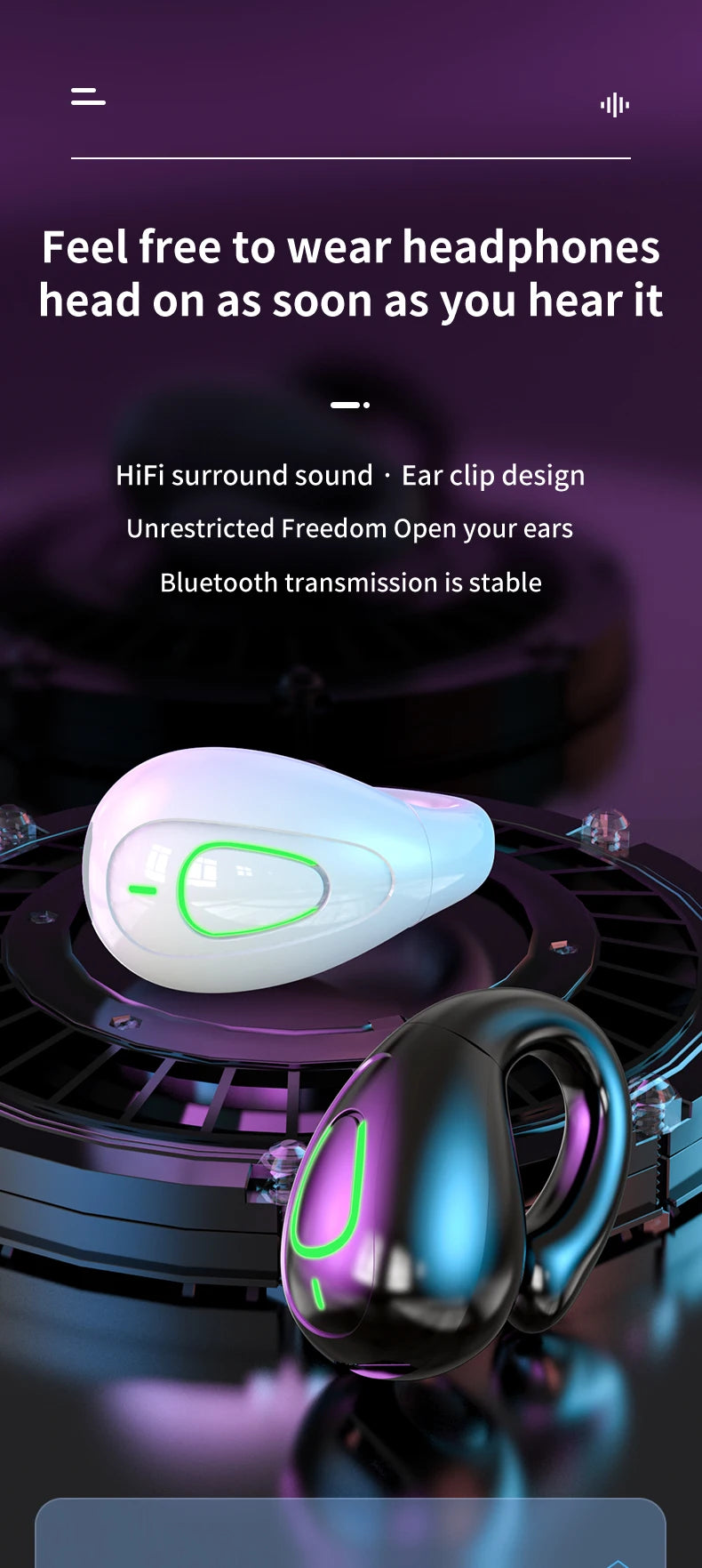 S20 wireless ear clip Bluetooth earphones are not in the ear and comfortable to wear. They are open high pitched headphones