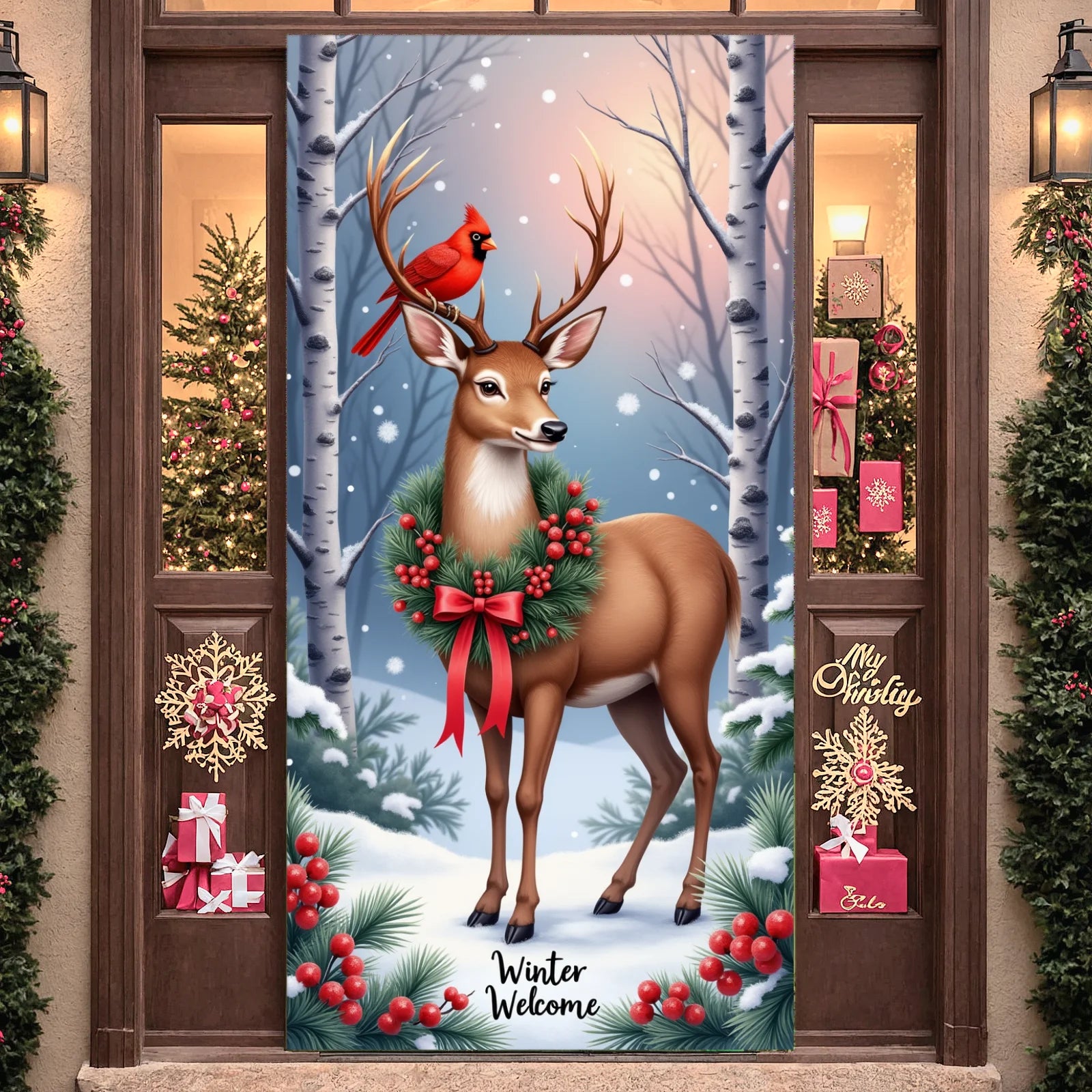 Winter Scene Welcome Banner Snow Forest Bird Art for Home Decor  Decoration Winter Party Christmas Navidad New Year Decor 2026