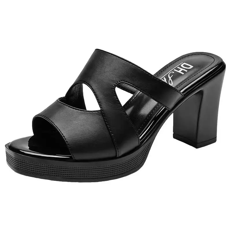 Woman Slippers Sexy Shoes for Women Job Leather Sandals Heeled Slides Black Summer 2024 on Sale Offer Comfortable and Elegan 39