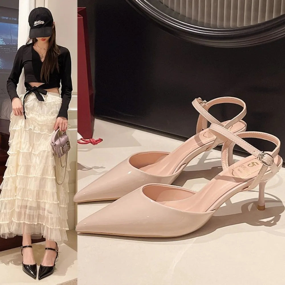 2025 New Design High Heels Woman Pumps Buckle Strap Mules Slippers Sexy Pointed Toe Wedding Banquet Female Shoes