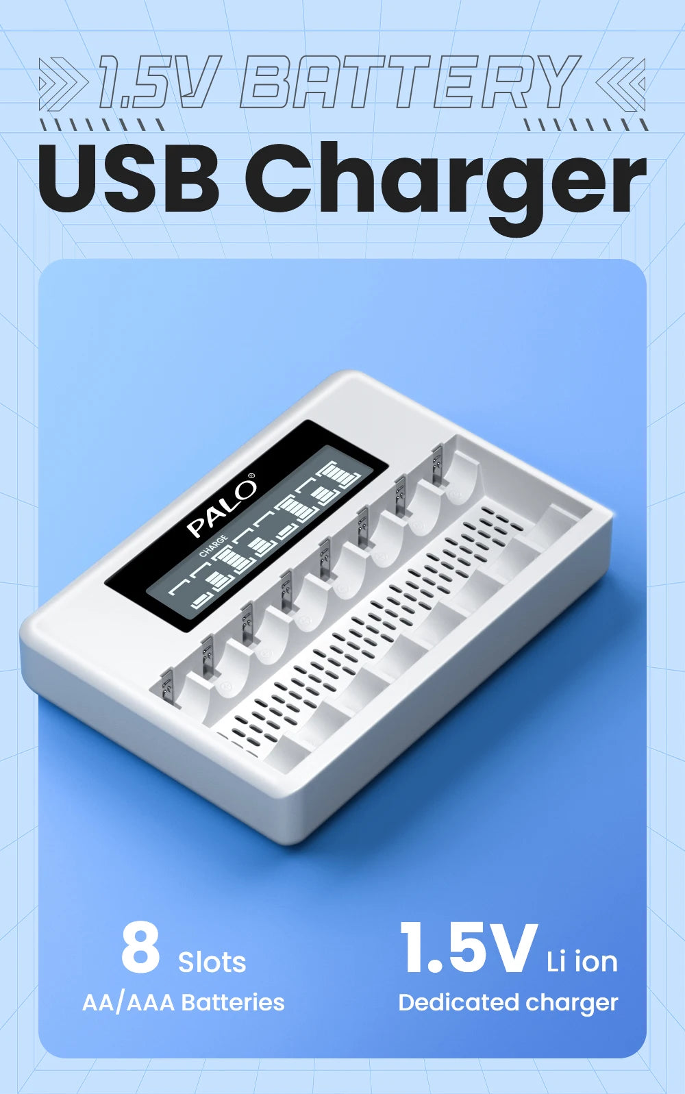 8 Slots 1.5V AA/AAA Rechargeable Battery Charger LCD Display Usb Fast Intelligent Charger for 1.5 Volts Li-lon AA AAA Battery