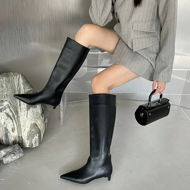 Pointed Toe Women High Boots Leather Fashion Sexy Heels Shoes Woman Trend New Snow Boots Low Heels Elegant Goth Mujer Botas