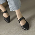 Sandals for Woman Summer 2024 High Heels One Word Women's Shoes Leather Pointed Toe Buckles Thick Heel Medium Footwear Comfort F