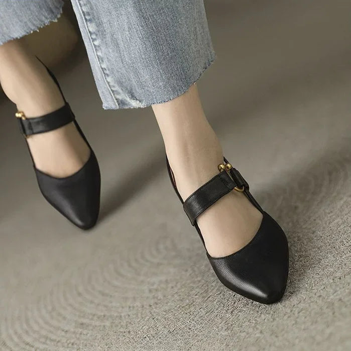 Sandals for Woman Summer 2024 High Heels One Word Women's Shoes Leather Pointed Toe Buckles Thick Heel Medium Footwear Comfort F