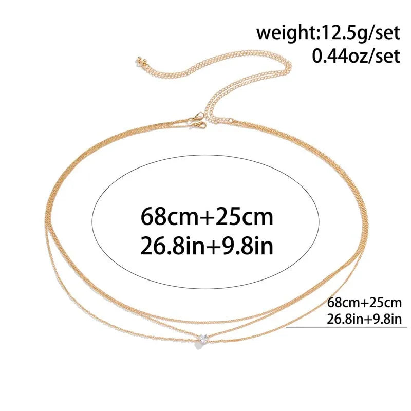 Fashion Metal Double Layered Cross Waist Chain for Women Simple Rhinestone Heart Thin Chain Body Chain Party Jewelry Accessories