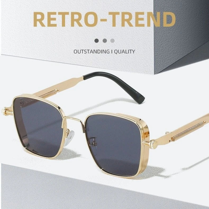 Men Driving Sunglasses Vintage Steampunk Square Sunglasses Metal Frame with Spring Hinges Women Eyepiece Trendy Driver Glasses