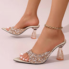 Elegant Pointed Toe High Heels Slippers Women Summer Fashion Clear Crystal Heel Sandals Woman Shiny Sequins Banquet Party Shoes