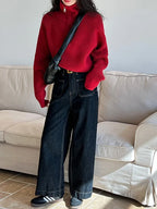 Autumn Winter  Zipper Sweaters Women Solid Color High Neck Knitted Pullover Solid Red Loose Turndown Collar Women's Turtleneck