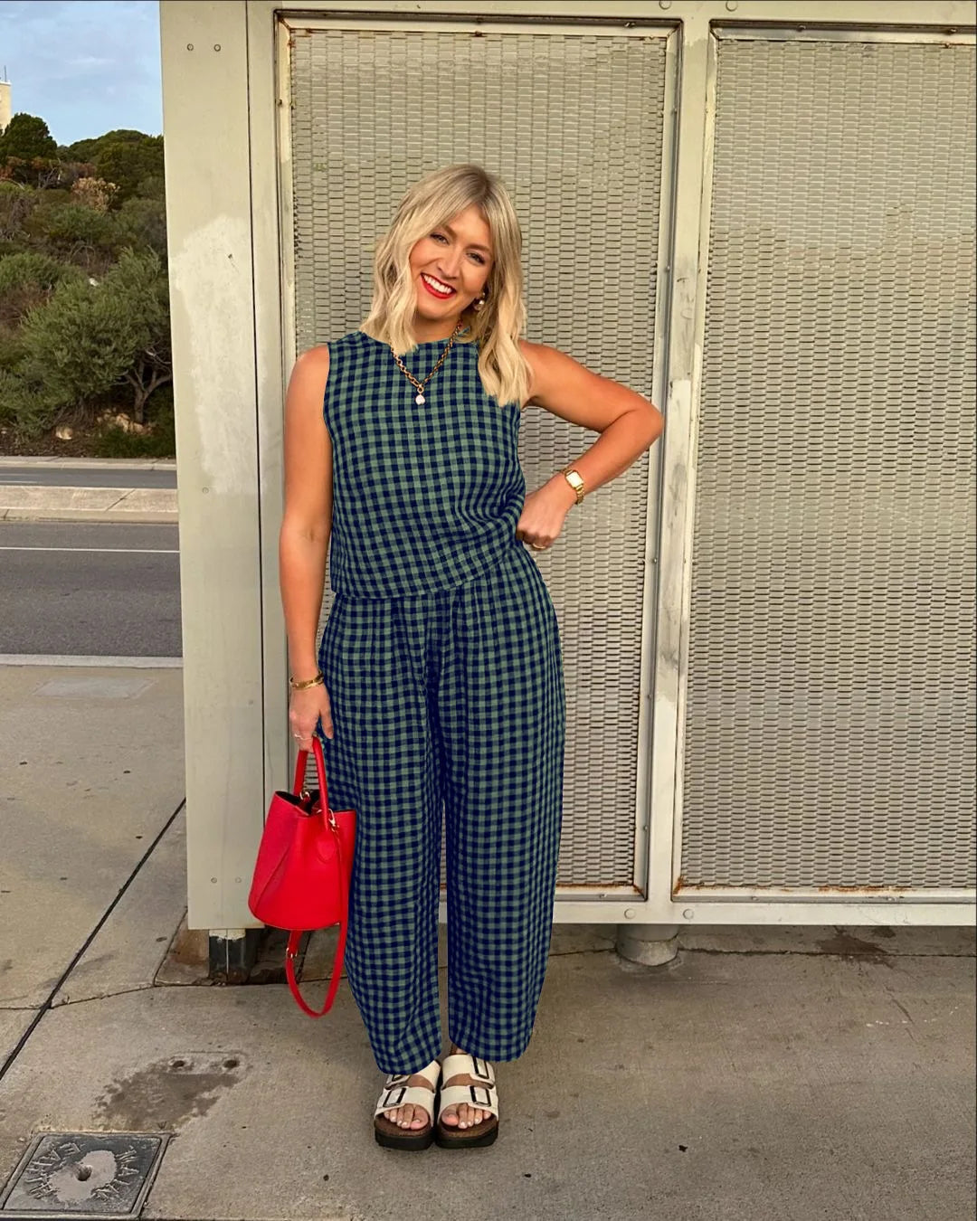 Fashion Women's Pants Set Printed Plaid Sleeveless 2025 Spring Summer Relaxed Vest Nine Point Pants Home Wear Female 2 Piece Set