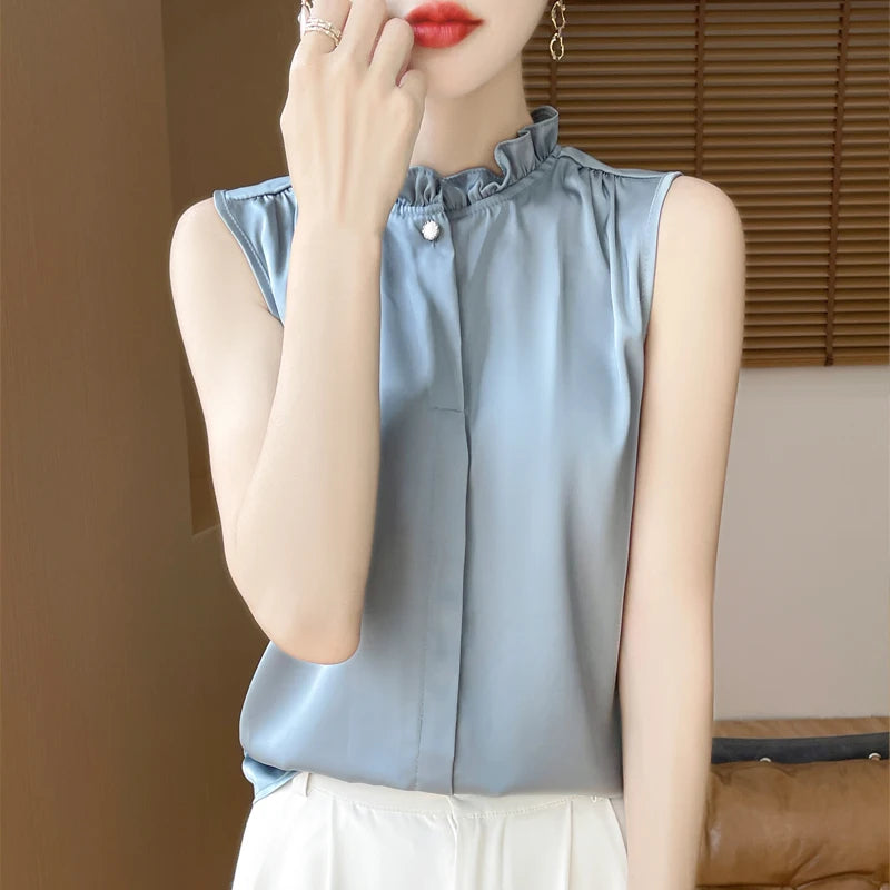 Women's T-shirt Ruffled Stand Collar Sleeveless Tops Loose Spring Summer Solid Tops Innerwear Casual Silk Ladies Tees Undershirt