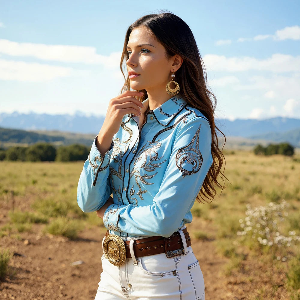 Women's Embroidery Blouse Long Sleeve Turn Down Sleeve Single Breasted Chic Western Cowboy Casual Vintage Autumn Shirt Tops