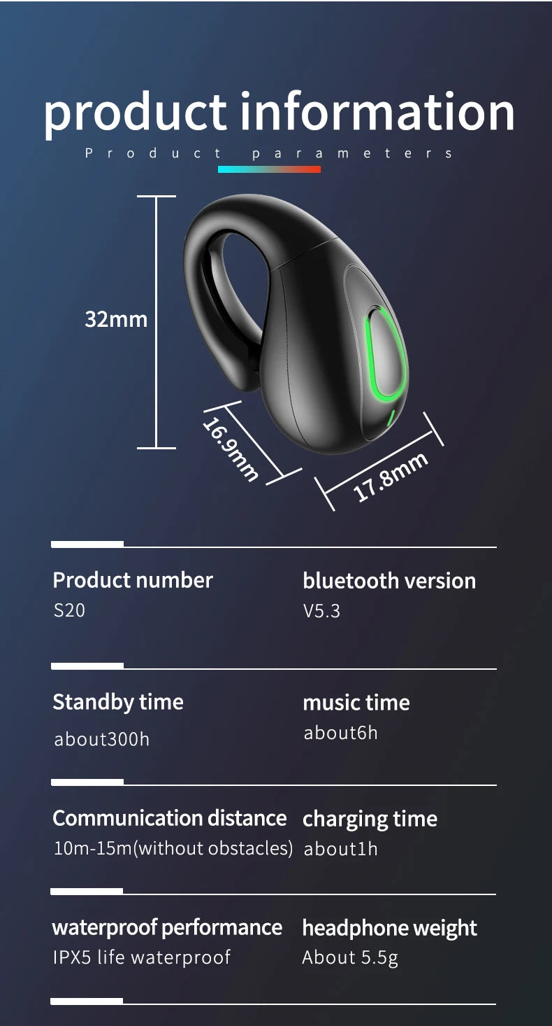 S20 wireless ear clip Bluetooth earphones are not in the ear and comfortable to wear. They are open high pitched headphones