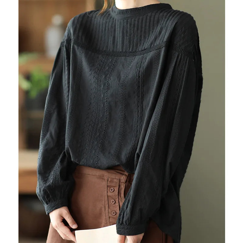 Women's elegant blouses 100% cotton embroidery hollow out white black shirts ladies office wear women long sleeve tops