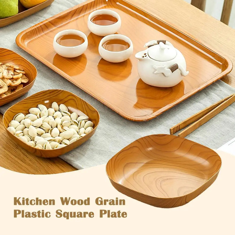 Kitchen Wood Grain Plastic Square Plate Japanese Simple Wood Grain Dish Set For Tableware Kitchen Bowl Dish Dinnerware