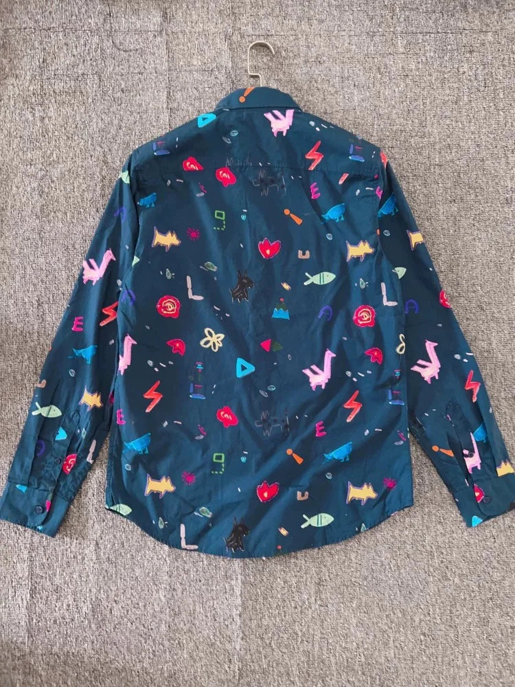 Original Spanish men's shirt with printed embroidery, designer style, light luxury, casual and loose fitting shirt