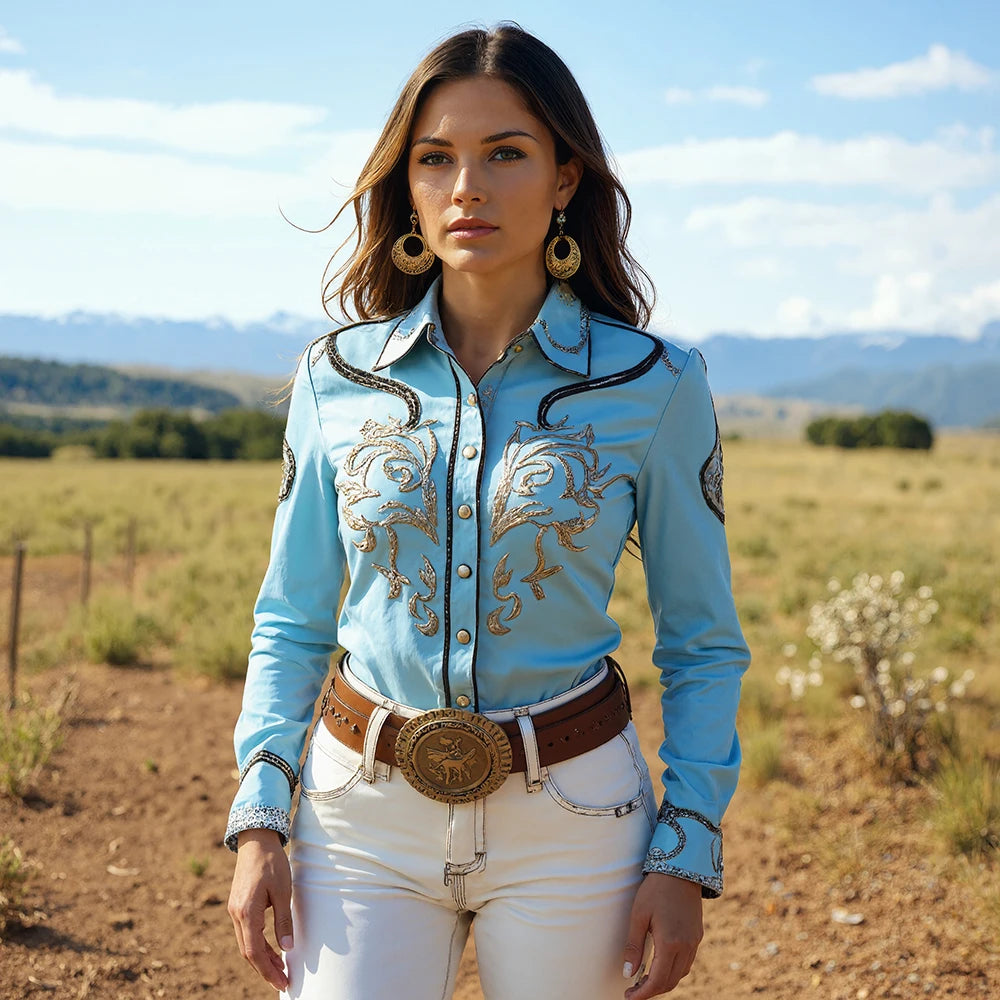 Women's Embroidery Blouse Long Sleeve Turn Down Sleeve Single Breasted Chic Western Cowboy Casual Vintage Autumn Shirt Tops