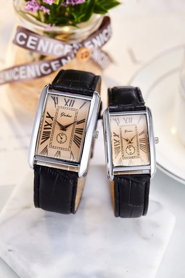 Fashion Couple Watch Luxury Rectangle Dial Women Quartz Watch Men Leather Band Casual Women Leather Wristwatch Relogio Masculino