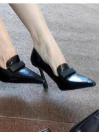 2025 Early Spring New High Heels for Women's Sexy Leather Small Square Buckle Pointed Toe Shallow Mouth Elegant Slim Heels Shoes