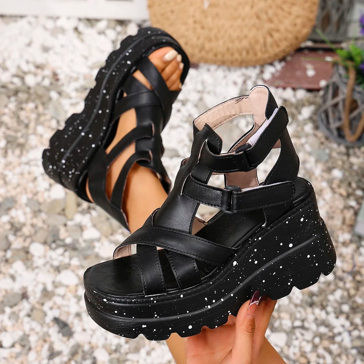 Women Sandals Summer Fashion Leather Platform Female Sandals Gladiator High Heels Sandals Women Chunky Outdoor Wedges Woman Shoe