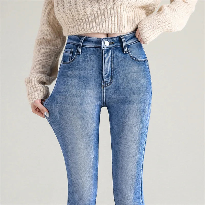 New Winter Women Snow Thermal Fleece Skinny Jeans Casual Lady Warm Velvet Thick Pencil Pants Female Basic Fleece Denim Trousers