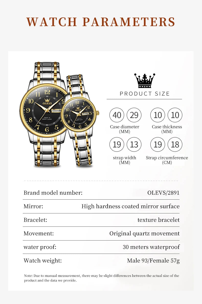 OLEVS 2891 Original Quartz Couple Watch Brand Luxury Double Calendar Waterproof Date Clock His and Her Watch Gift Couple Watch