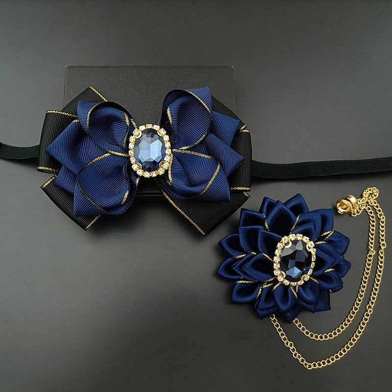 Wedding Bow Tie Corsage Men's Business Banquet Concert Suit Shirts Accessories Jewelry High-end Crystal Collar Flower Brooch Set