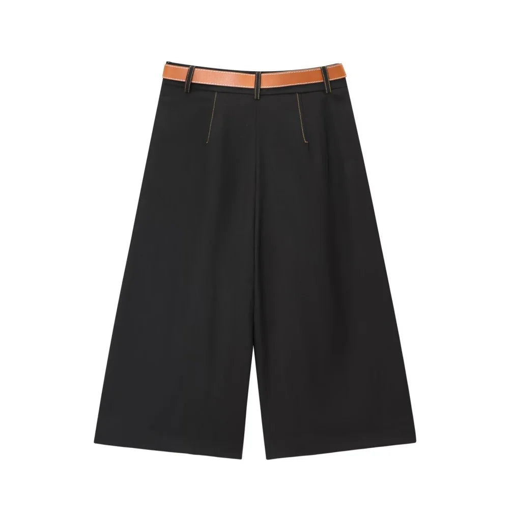 Women's Color Contrasting Stitch Collar Single breasted Straight Tank Top Long Fold Belt Bermuda Shorts Summer New Pants