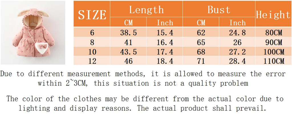 Winter Girls' Cotton Jacket, New Cute Children's Clothing, Solid Color Printed Girls' Cotton Jacket, Rabbit Ear Hooded Bag Gift