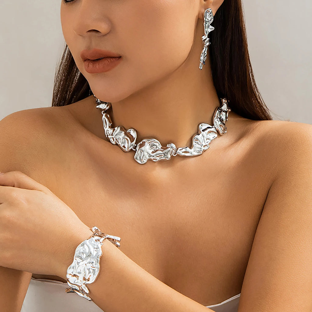 3Pcs Exaggerate Heavy Metal Liquid Irregular Necklace Vintage Statement Pleated Choker Women's Steampunk Jewelry Sets