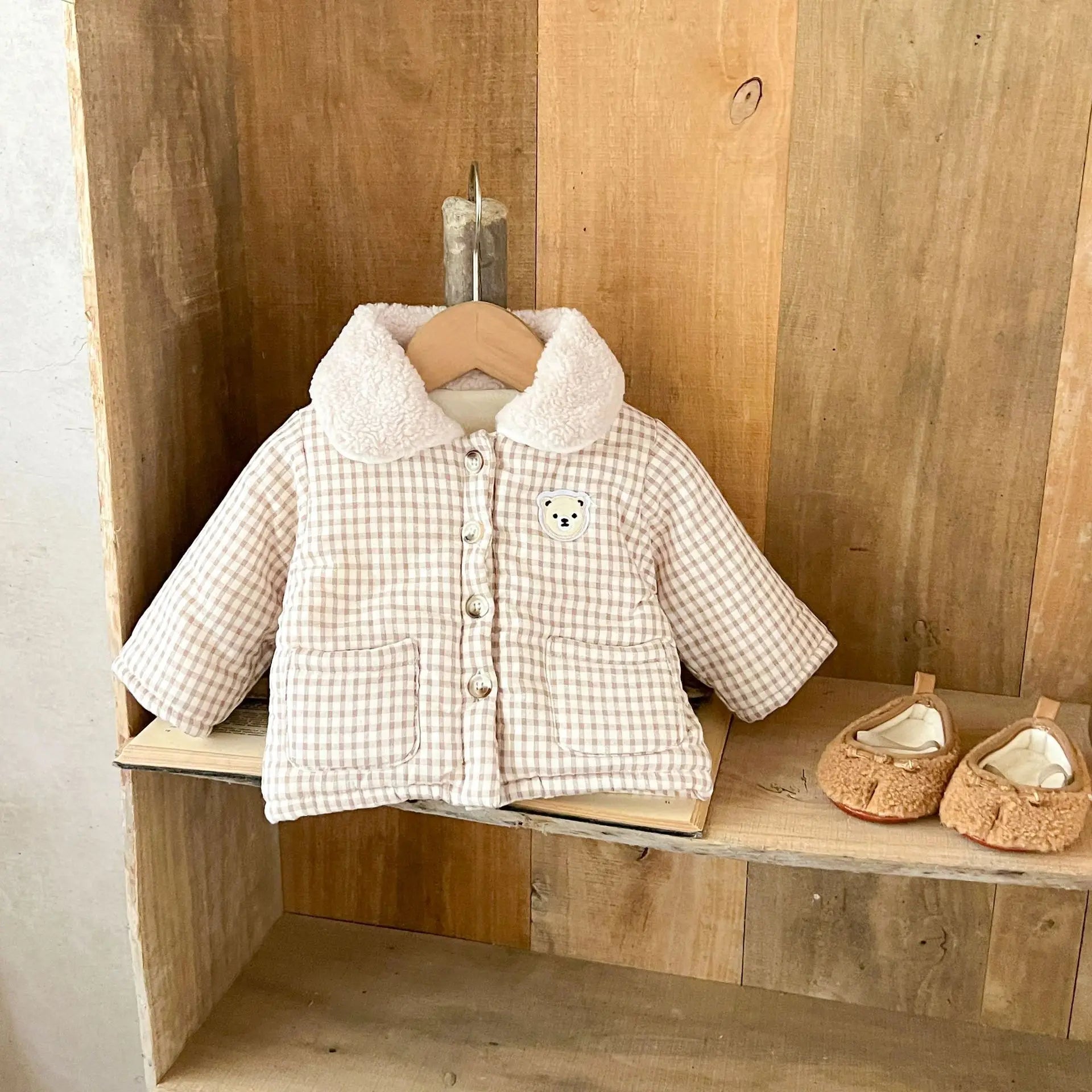 Winter Baby Girl Clothing  Plaid Coat Warm Fleece Lined Cartoon Bear Embroidery Children Cotton Padded Jacket