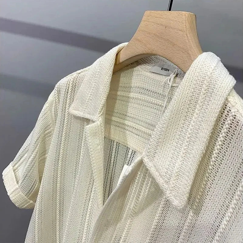 Men's Tops Hollow Short-sleeve Shirt Men Summer Thin Trendy Handsome French Light Luxury Drape Hawaiian Shirts