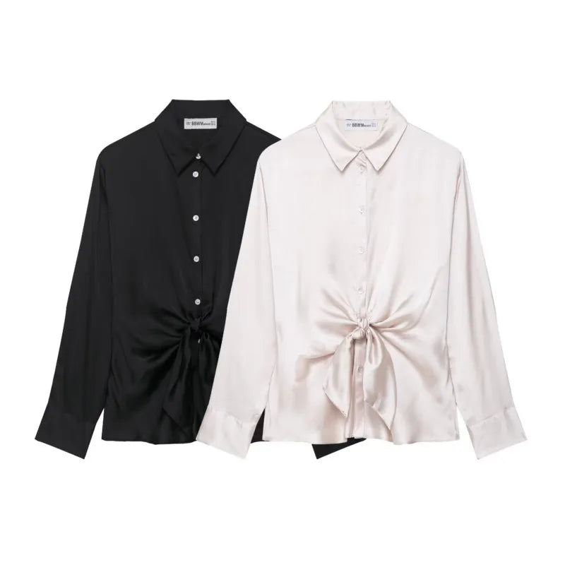 Women Satin Knot Shirt Autumn Women's Long Sleeves Women's Shirts Simple Female Button Shirts & Blouses