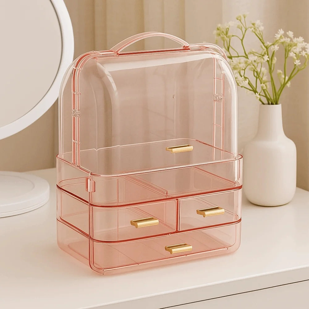 Drawer Style Cosmetics Storage Box Clear with Lid and Handle Makeup Storage Rack Desktop Organizer Dustproof