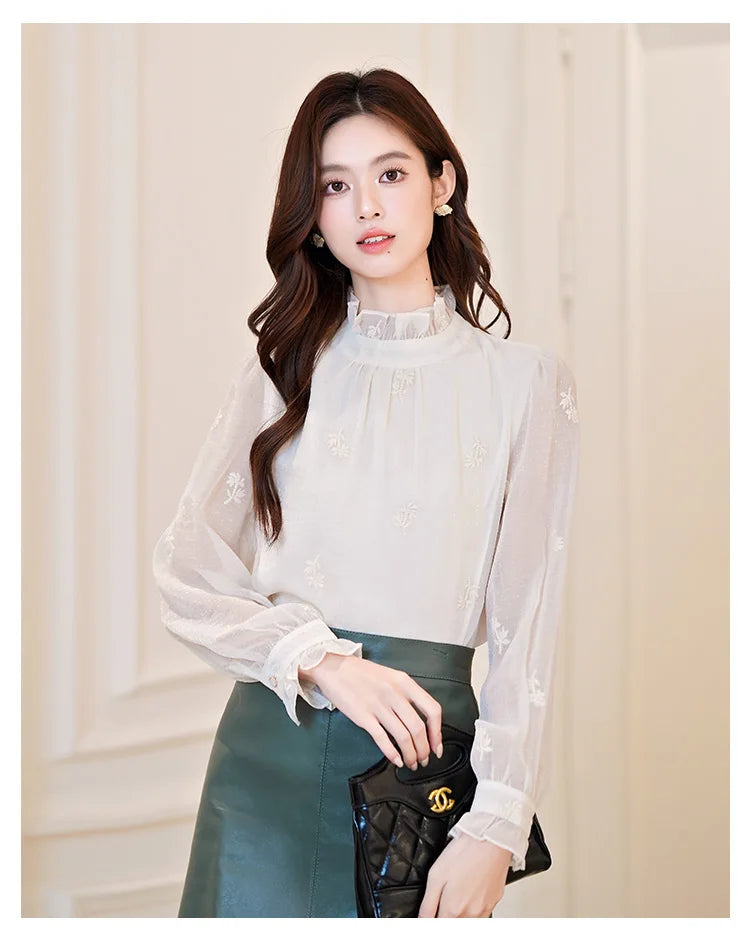 Women Blouse Shirt New Long Sleeve Ruffled Collar Elegant Embroidery Blouse Shirt Women Tops Blouses Shirts Blusas Camisas Q770