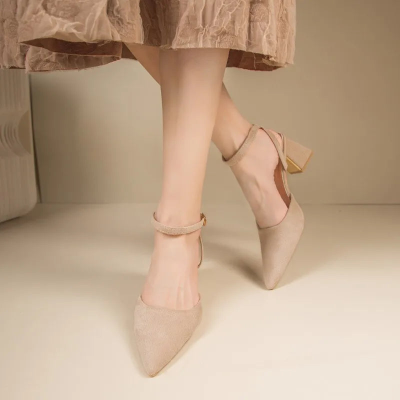 2025 Sandals for Woman Pointed Toe Chunky Footwear Closed Thick Heel Summer Block High Heels Heeled Pumps Women's Shoes Korea