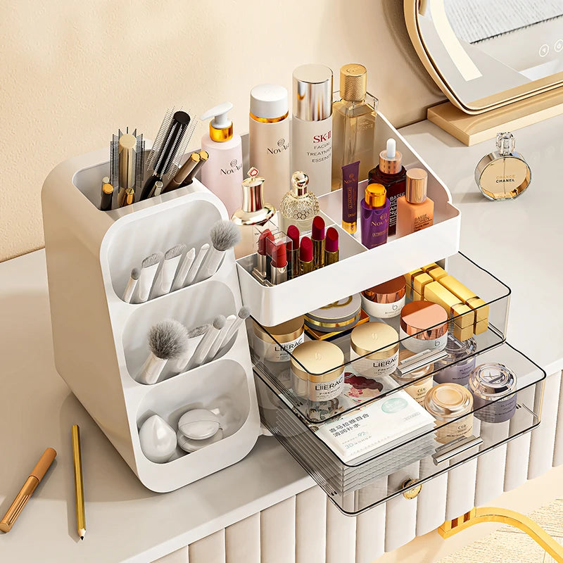 Cosmetics Storage Box, Large Capacity Desktop Dressing Table, Cosmetics Storage Rack With Oblique Plug-In Design Made Of ABS+PET