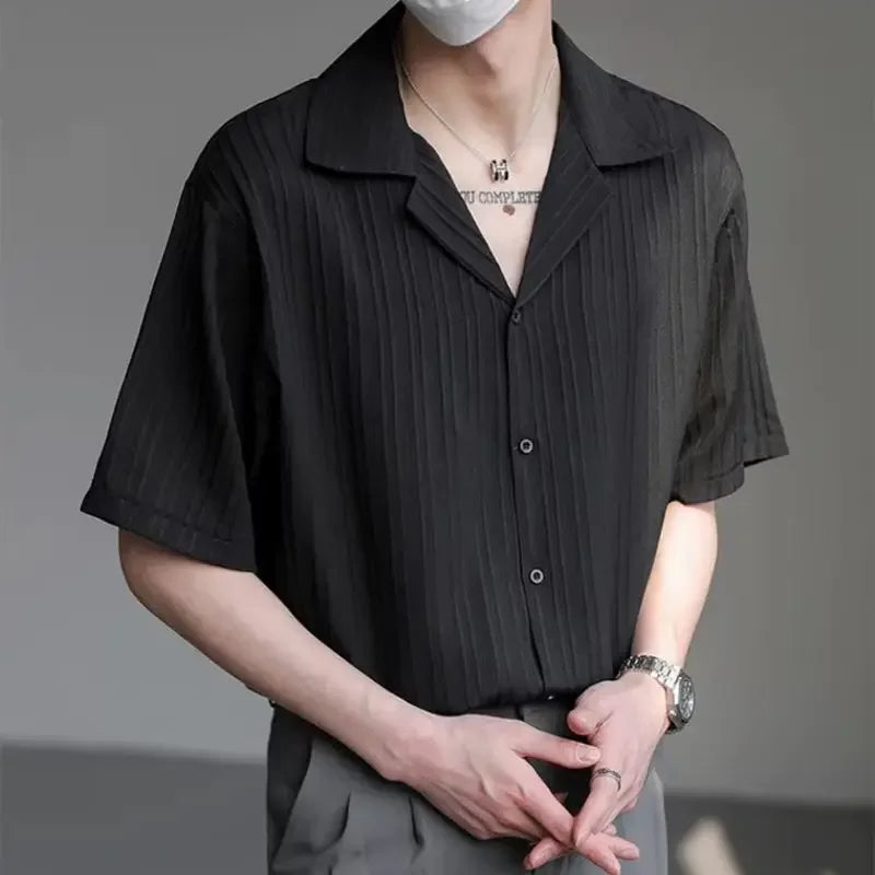 Men's Shirt Black Loose Short Sleeve Male Shirts Designer with Collar High Quality Luxury Sleeves Silk New in Vintage Slim Fit
