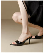 Women's Slippers 2025 New Summer Slim Heel Pointed Toe Worn with A Straight Drag Patent Leather High-heeled Slippers for Womens