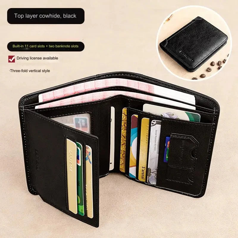 Men's Wallets RFID Blocking Genuine Leather Trifold Business Short Purse Wallet for Men with ID Window and Credit Card Holder