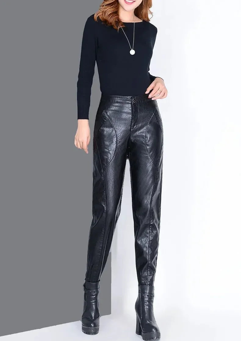 Pants for Women High Waist PU Leather Harem Woman Trousers Aesthetic One Size Classic Autumn Trends 2025 90s Outfits Clothing G